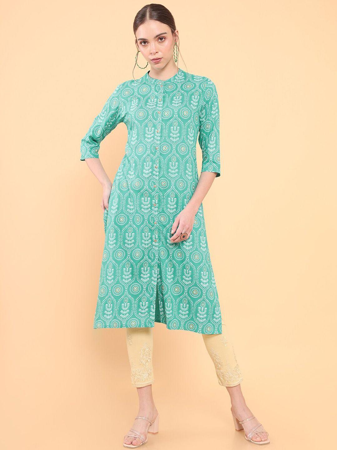 soch women sea green & off white rayon ethnic motifs printed kurta