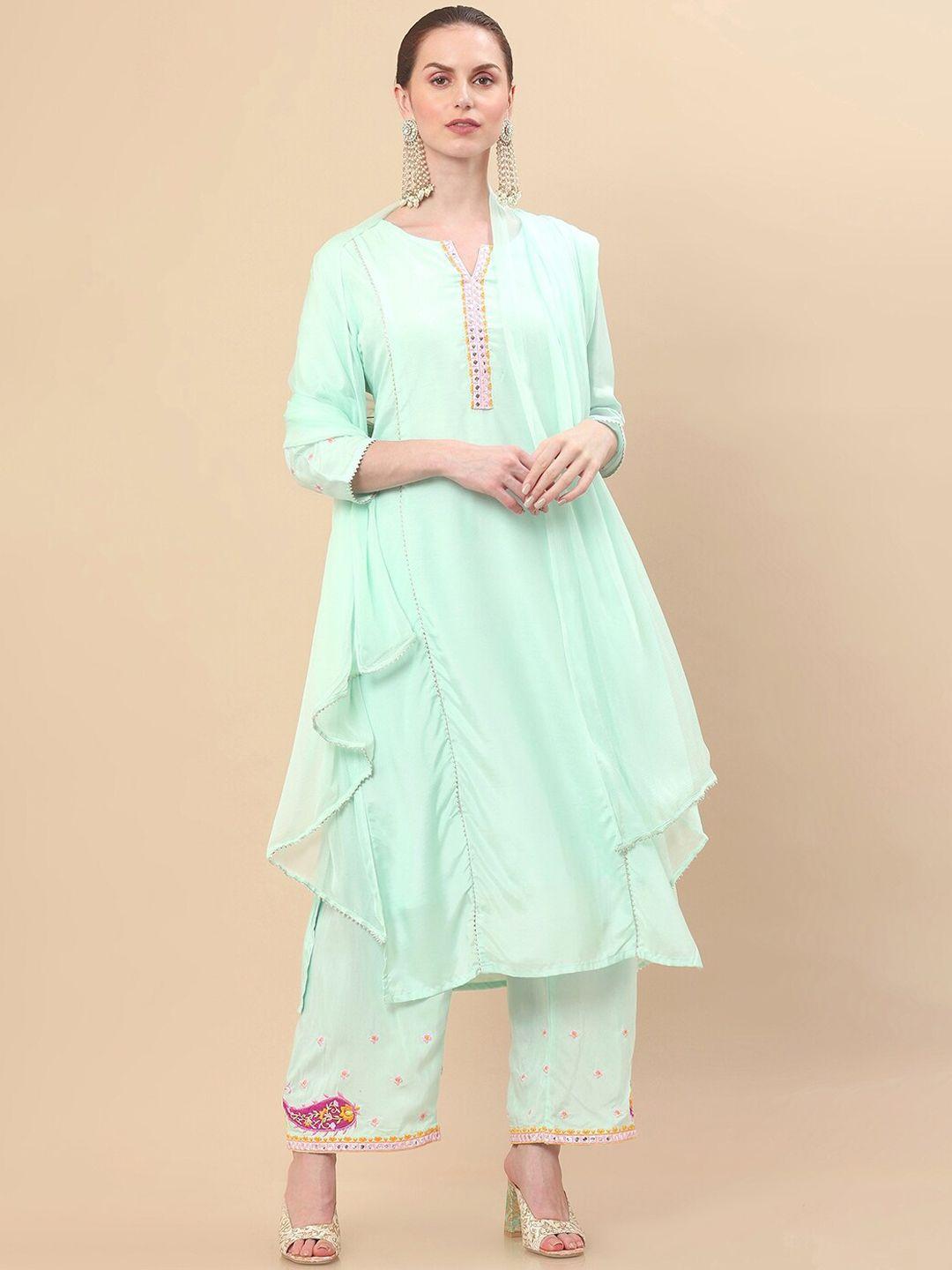 soch women sea green kurta with palazzos & with dupatta