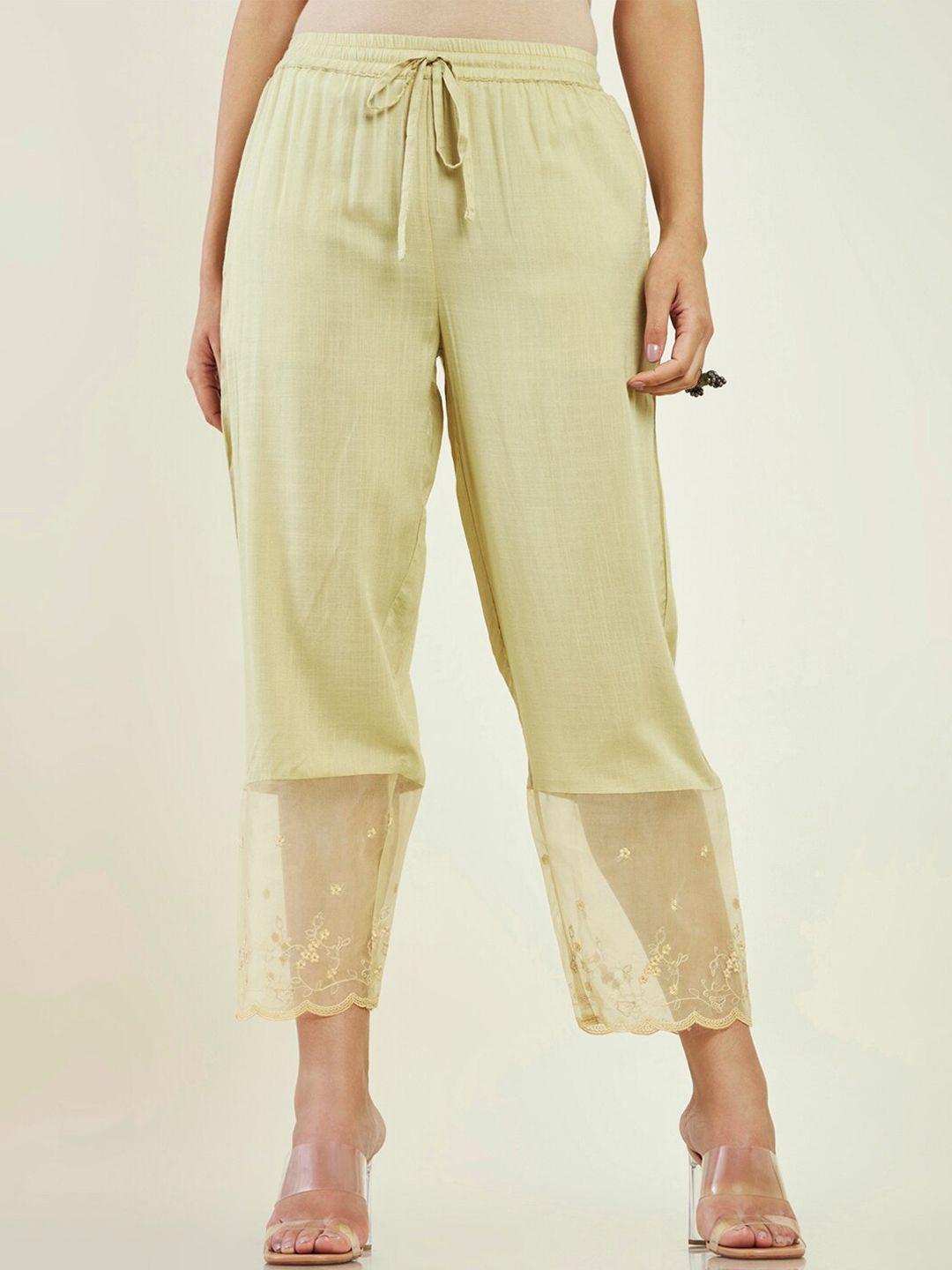 soch women self design flat-front cropped trousers