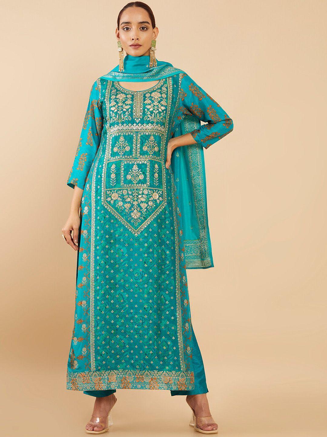 soch women teal ethnic motifs printed pure silk kurta with trousers & with dupatta