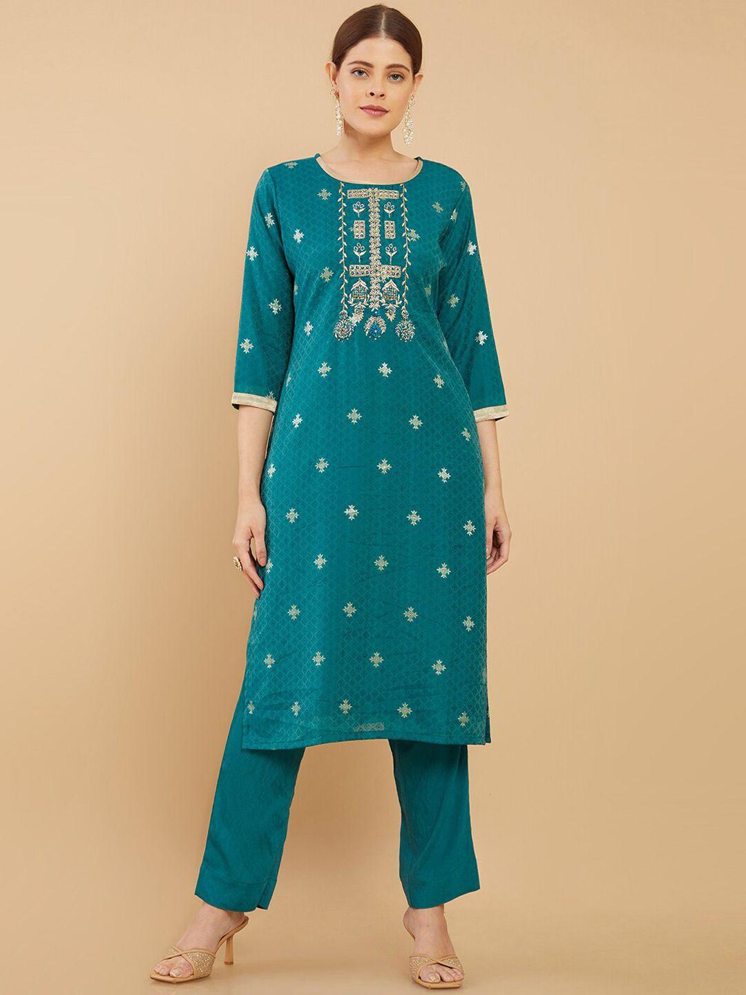 soch women teal floral thread work chanderi cotton kurta with trousers