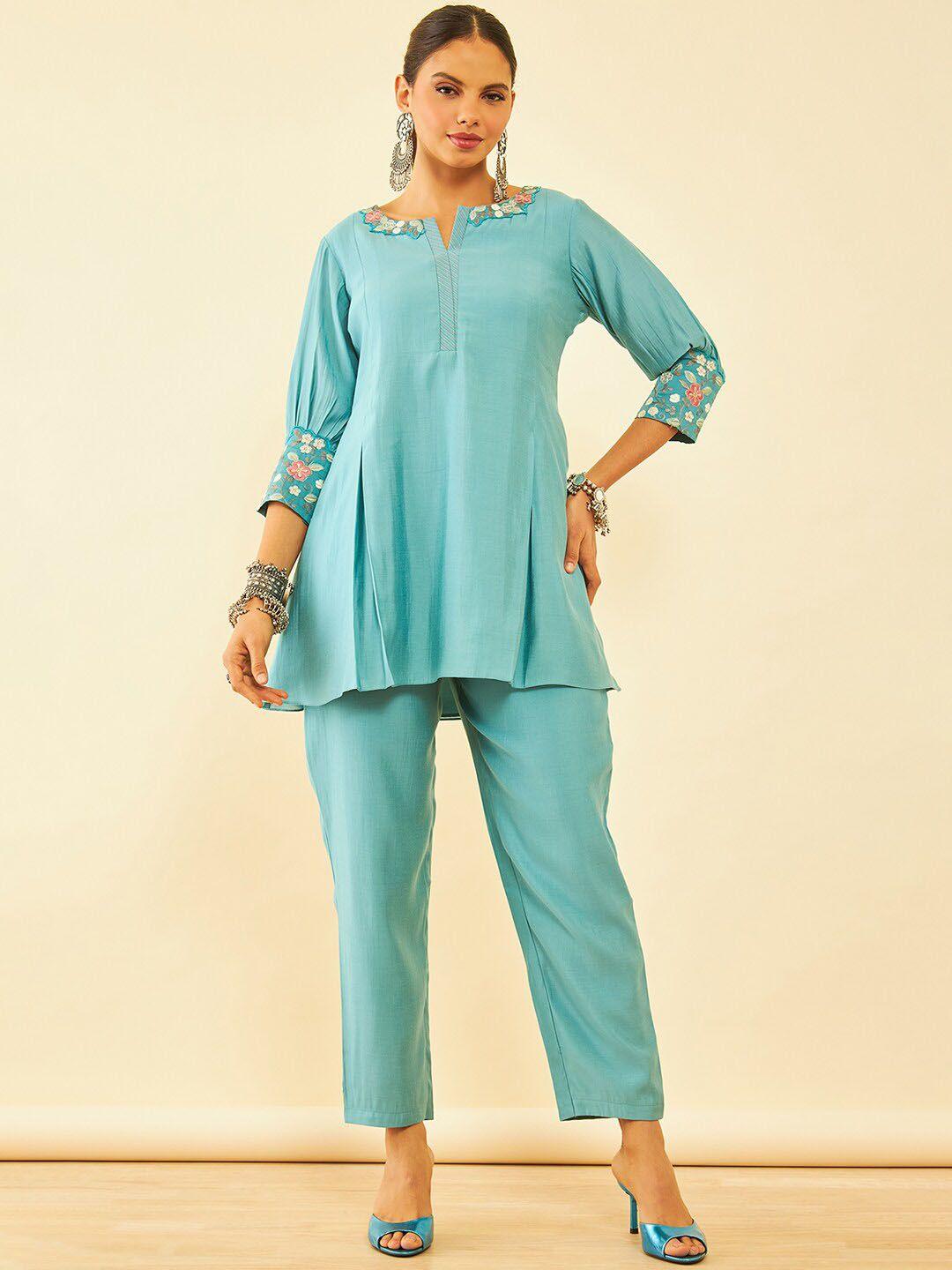 soch women turquoise blue embroidered regular thread work kurta with trousers