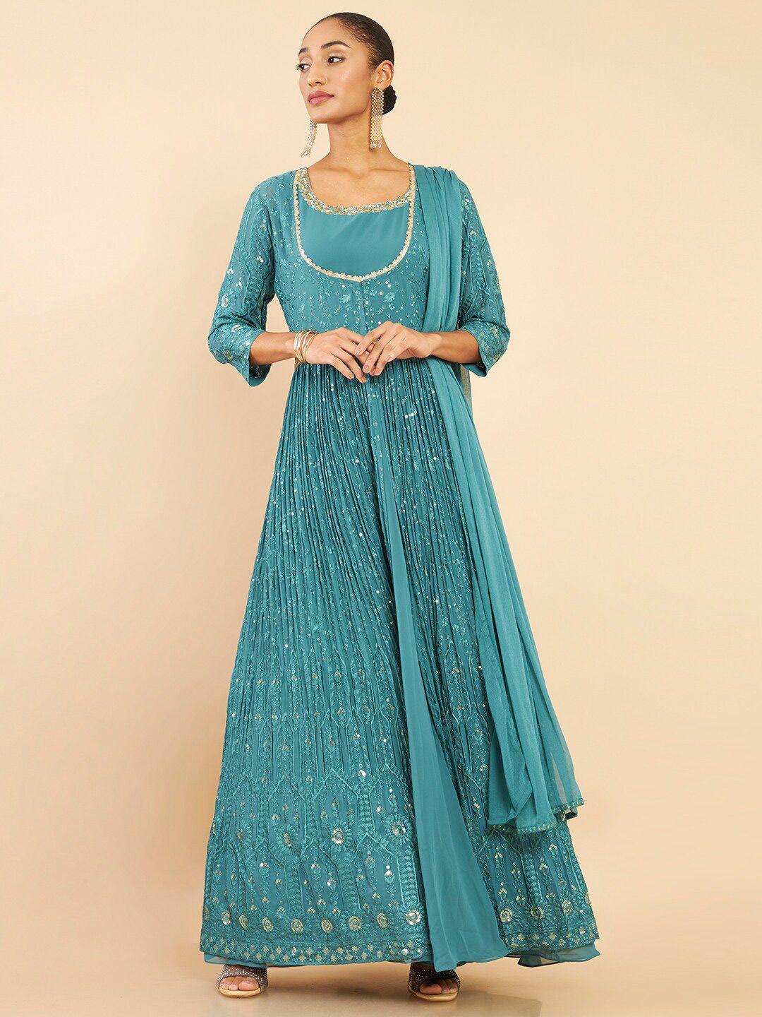 soch women turquoise blue embroidered sequinned kurta churidar & with dupatta