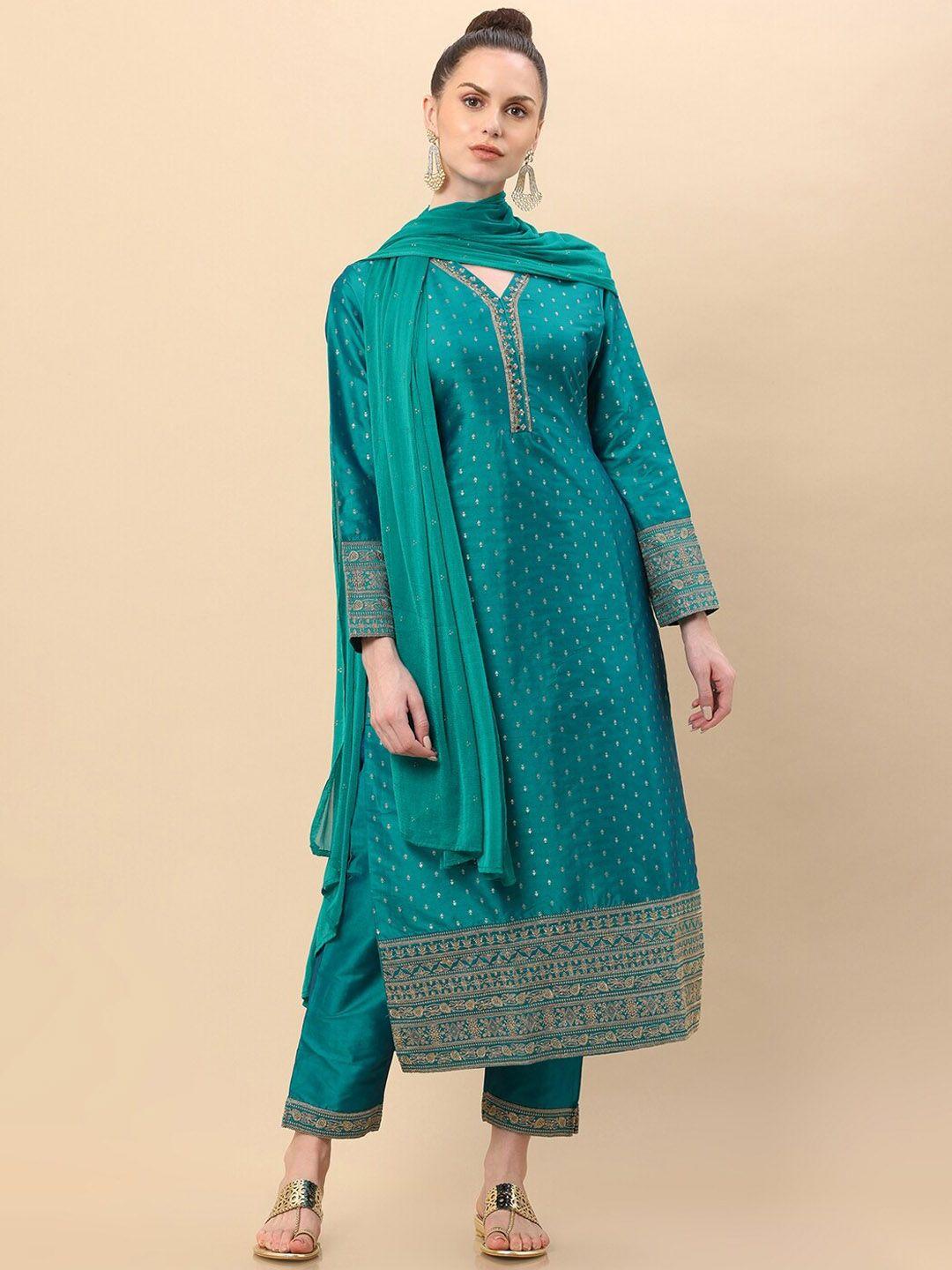 soch women turquoise blue ethnic motifs beads and stones kurta with pyjama & dupatta