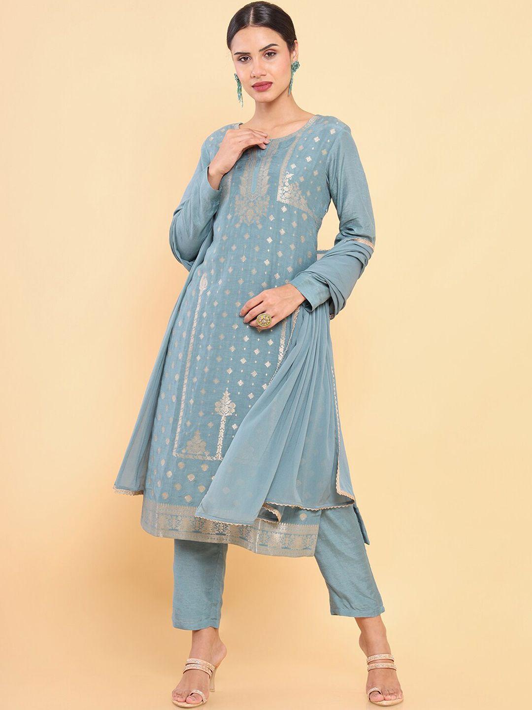 soch women turquoise blue ethnic motifs printed kurta with trouser & dupatta