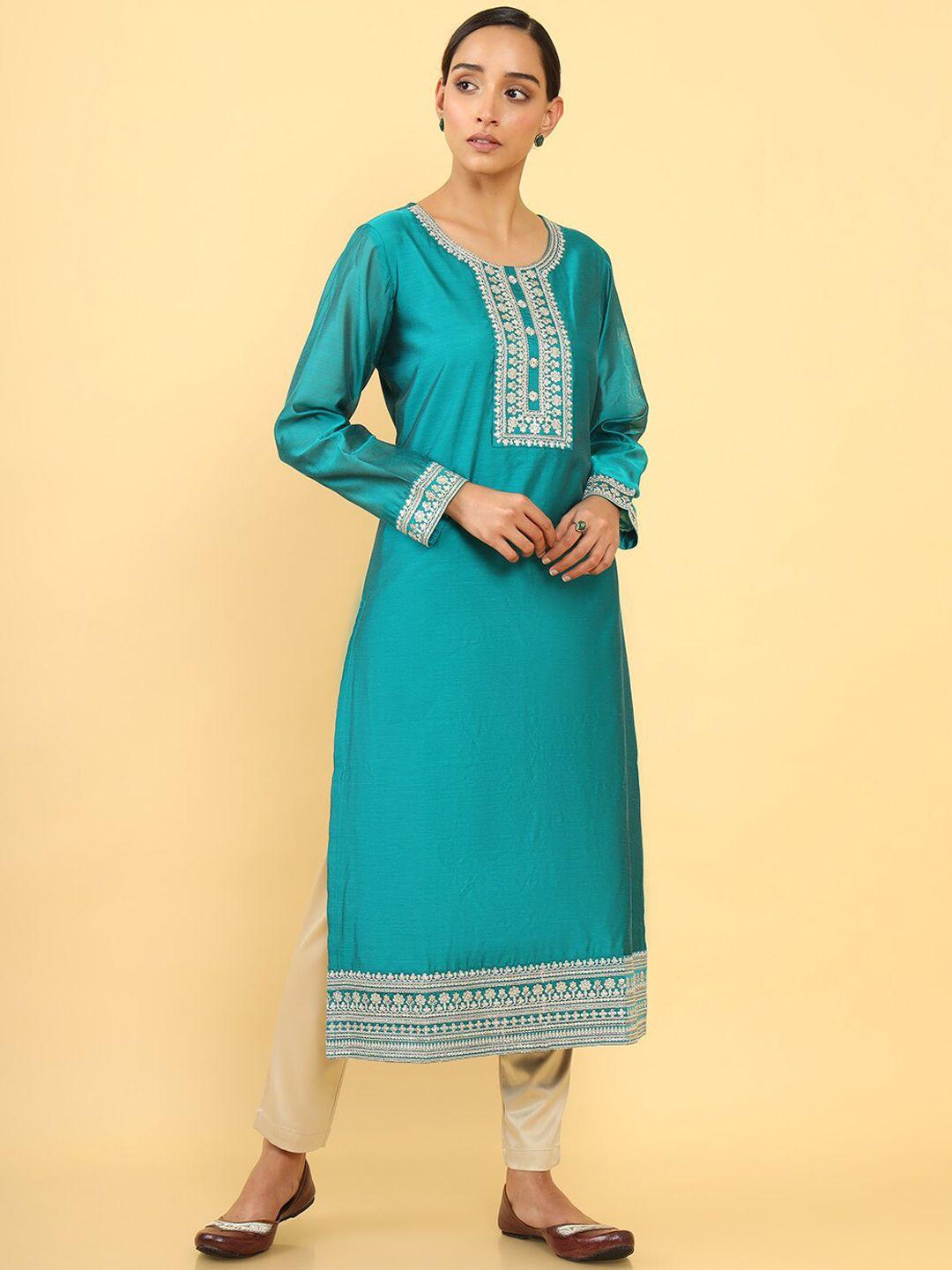 soch women turquoise blue floral chanderi cotton embroidered kurta