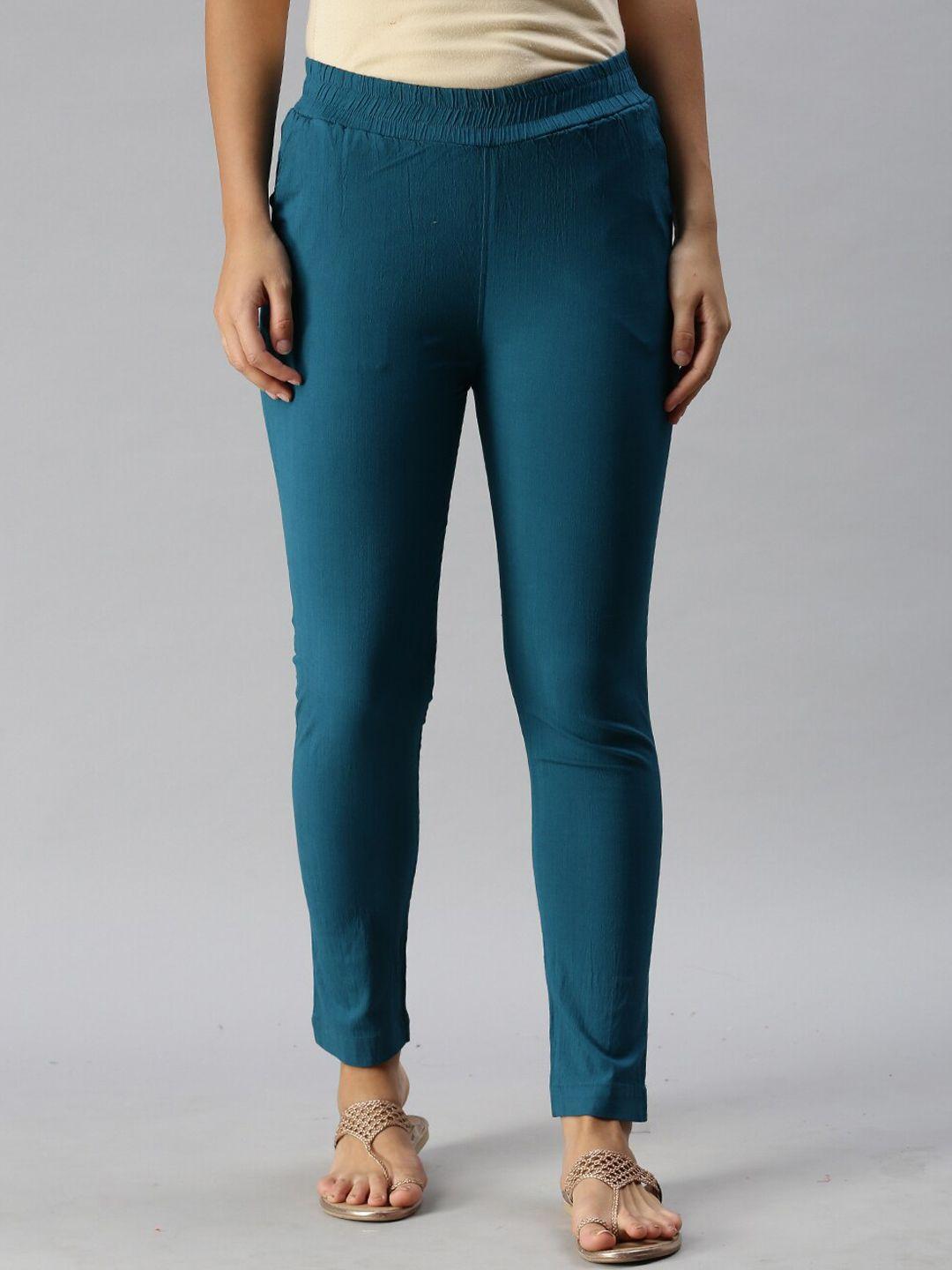 soch women turquoise blue slim fit high-rise trousers