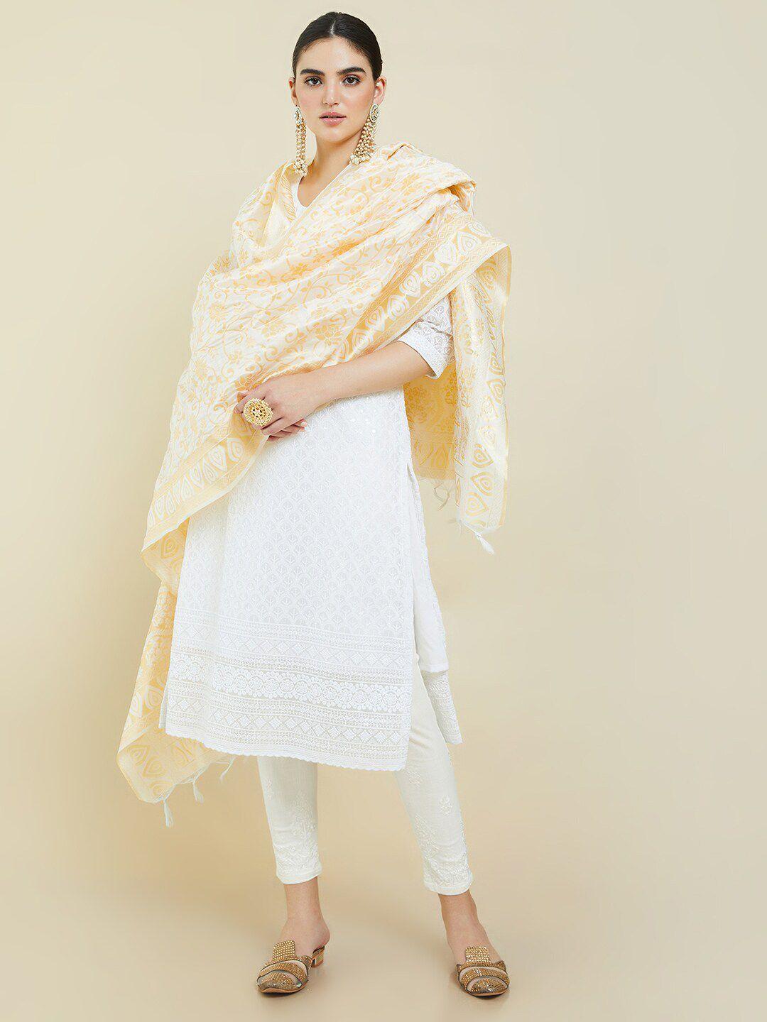 soch women white & gold-toned ethnic motifs woven design dupatta