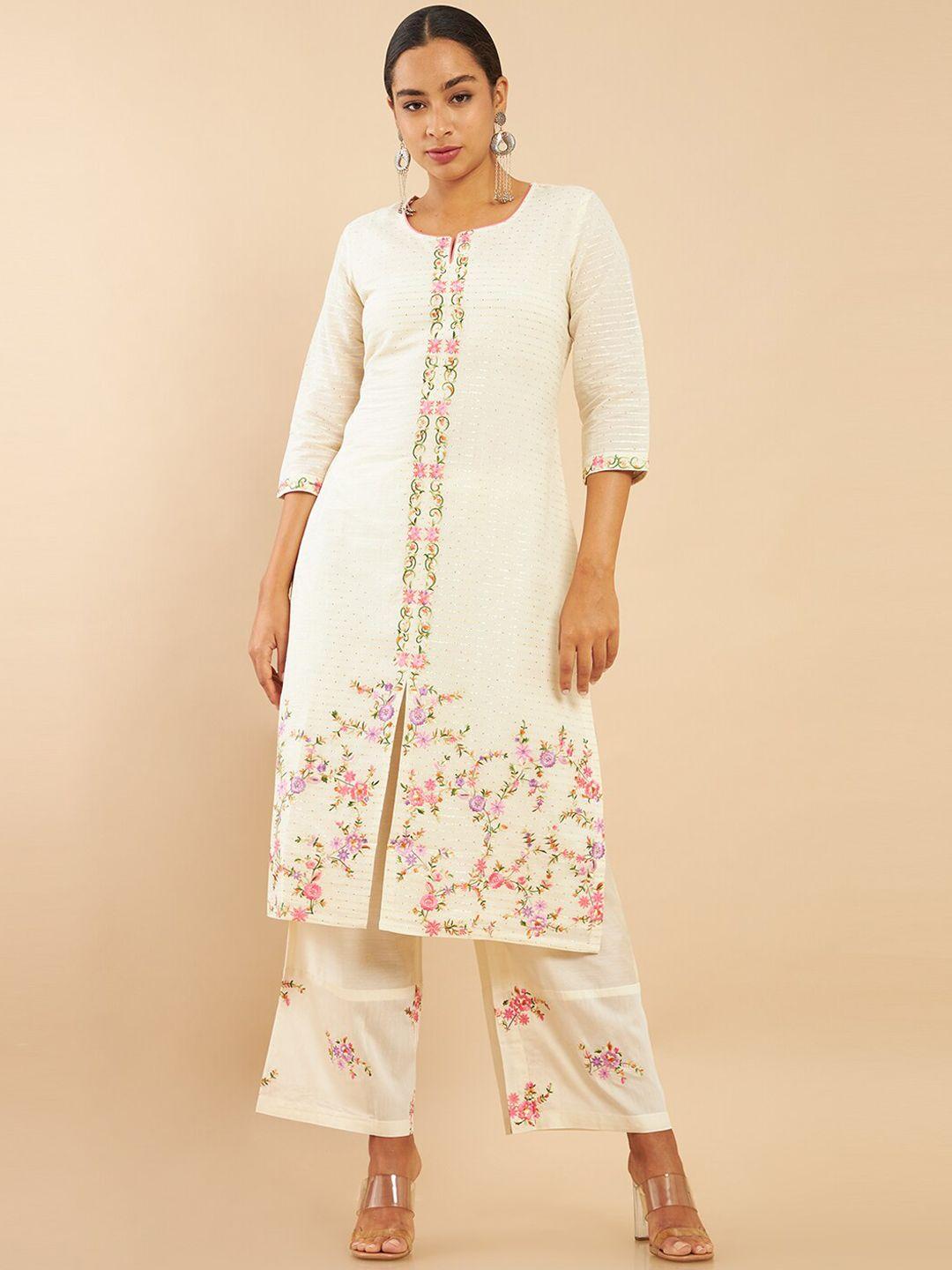 soch women white floral embroidered panelled pure cotton kurti with trousers