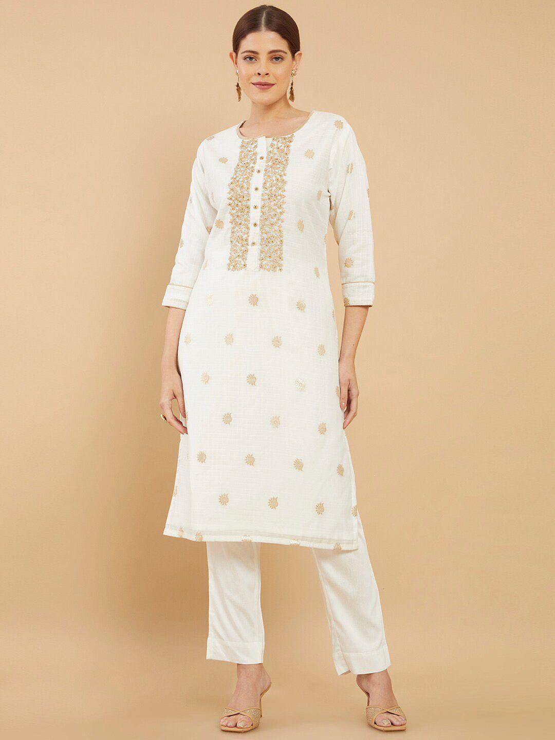 soch women white floral embroidered thread work chanderi cotton kurta with trousers