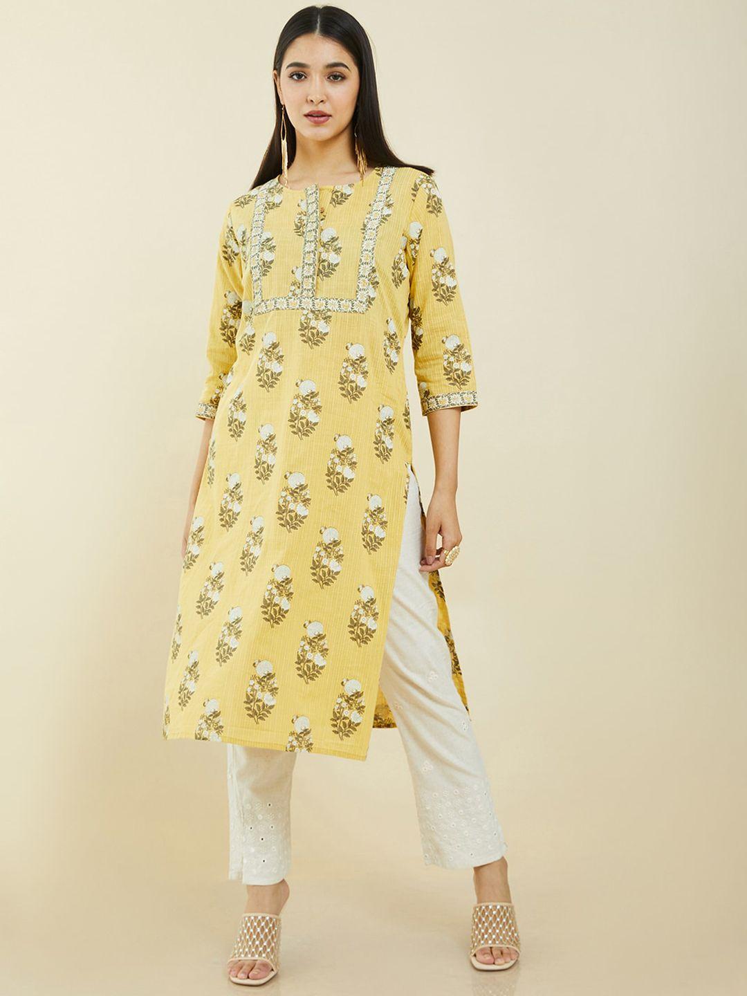 soch women yellow & beige floral printed cotton kurta
