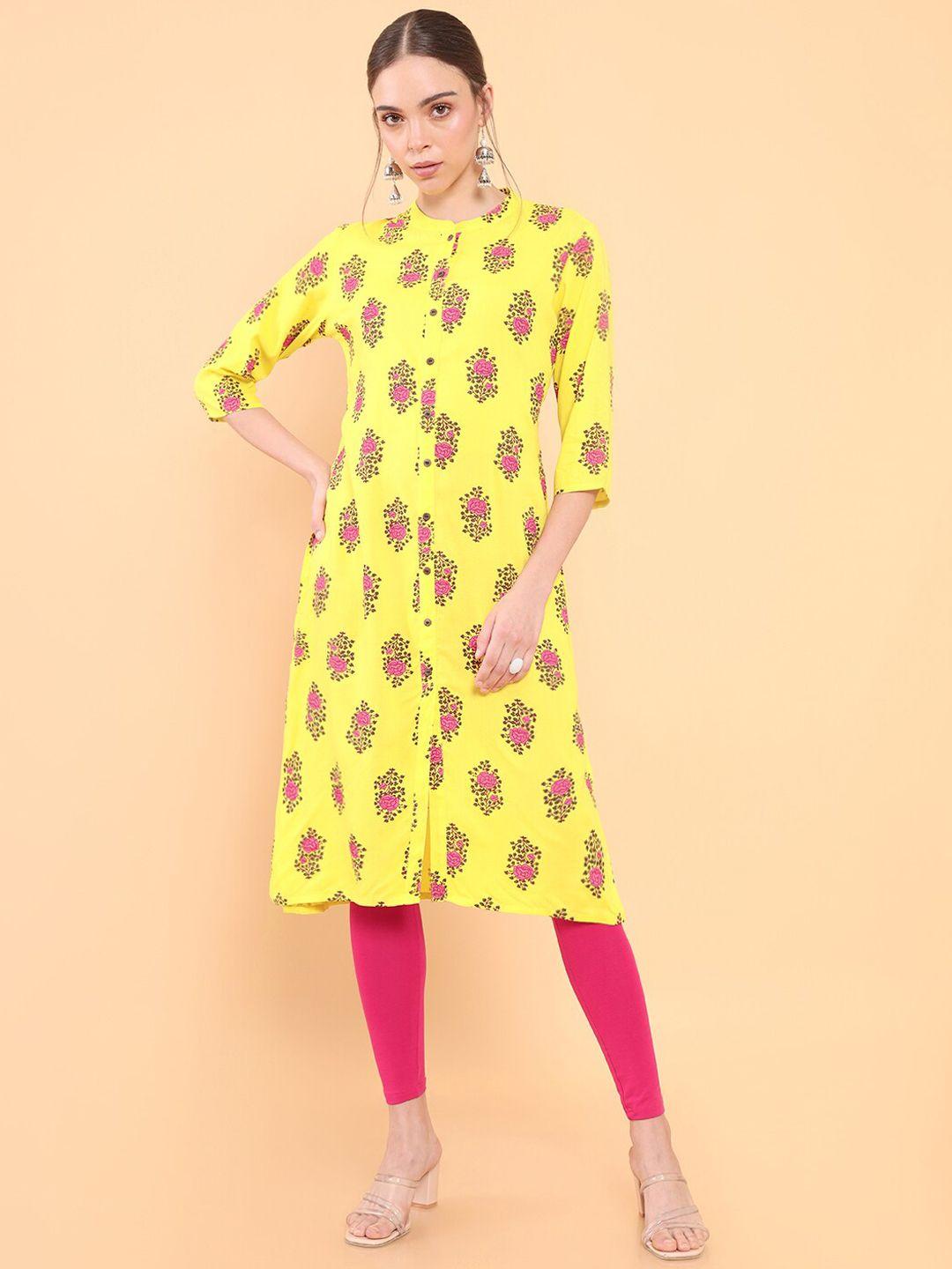 soch women yellow & pink floral printed kurta