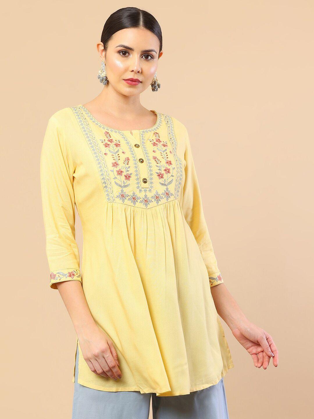 soch women yellow & red embroidered round neck rayon tunic