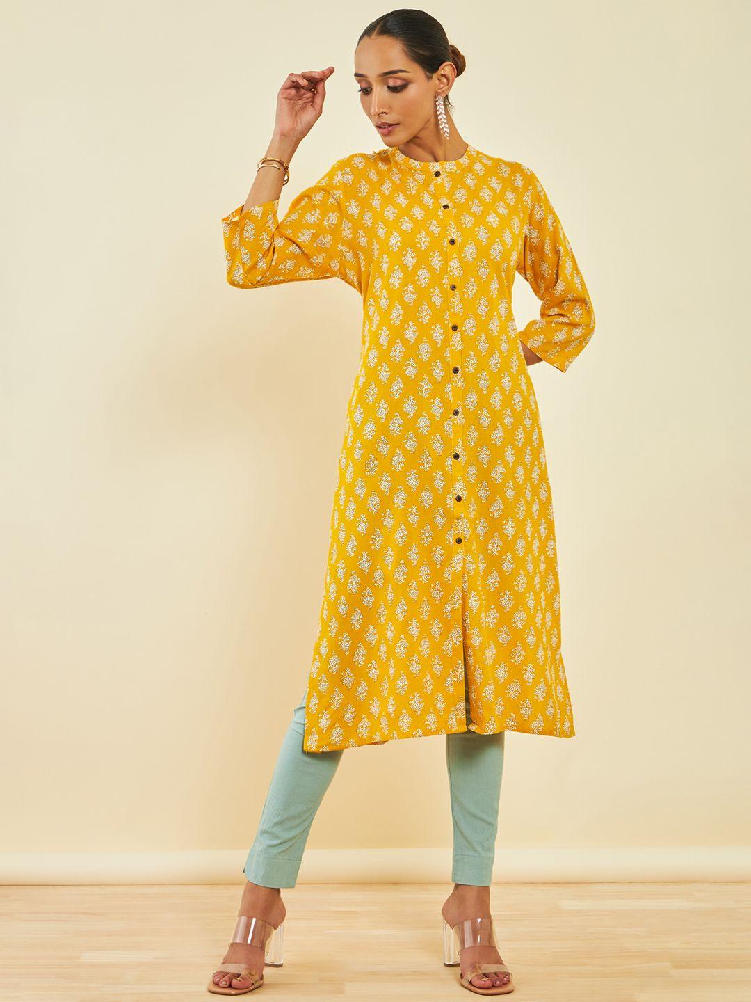 soch women yellow & white floral printed floral kurta