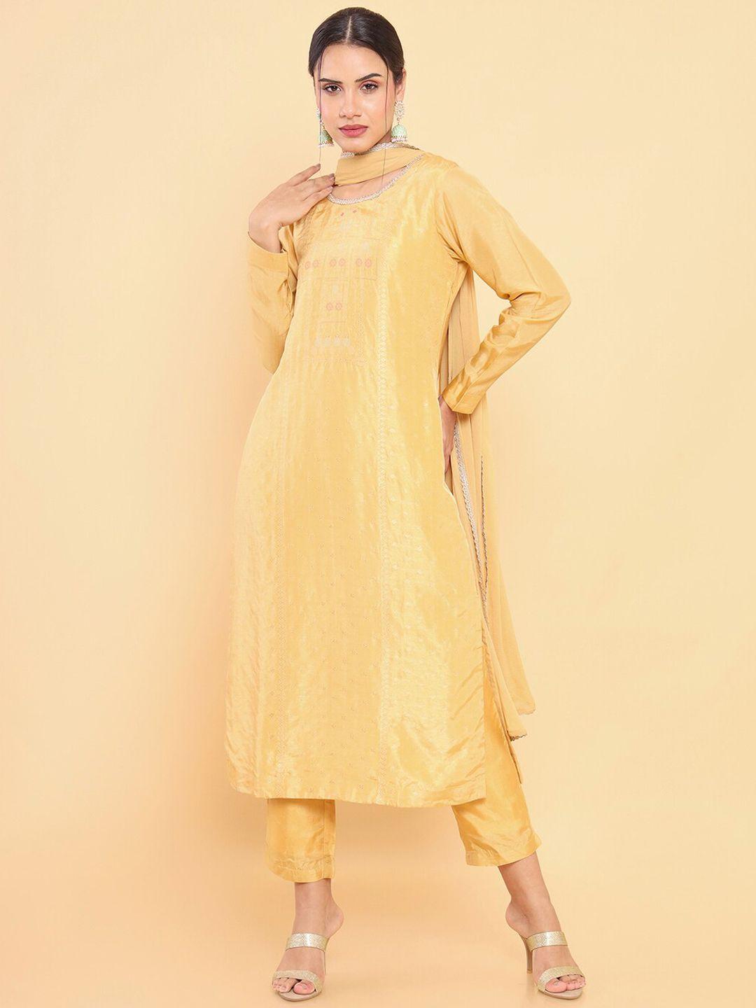 soch women yellow ethnic motifs printed kurta with trousers & with dupatta