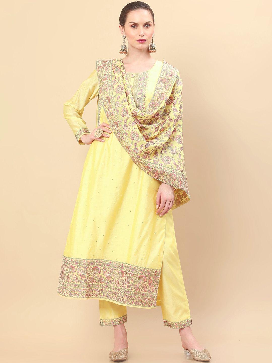 soch women yellow floral embroidered chanderi cotton kurta with trouser & dupatta