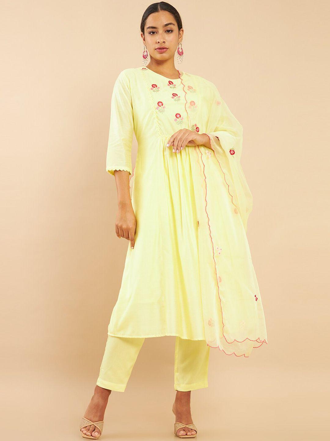 soch women yellow floral embroidered empire chanderi cotton kurti with trousers & with dupatta