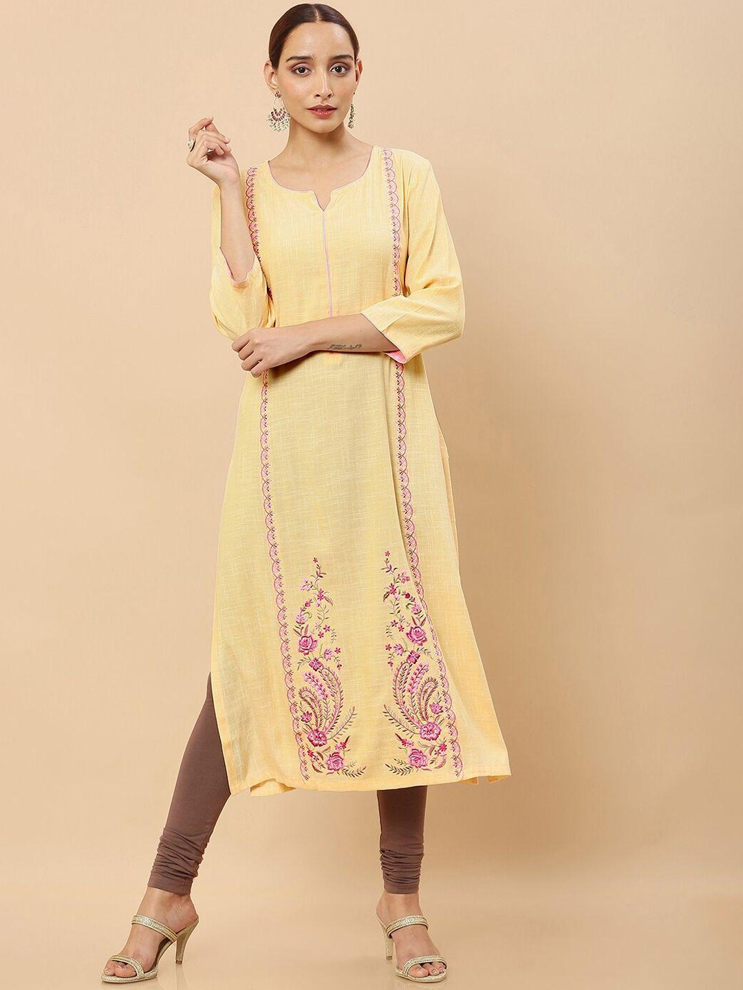 soch women yellow floral embroidered flared sleeves thread work kurta