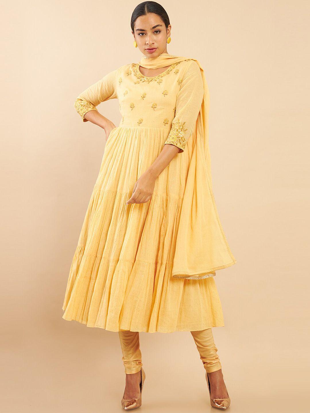 soch women yellow floral embroidered pure cotton kurta with churidar & with dupatta