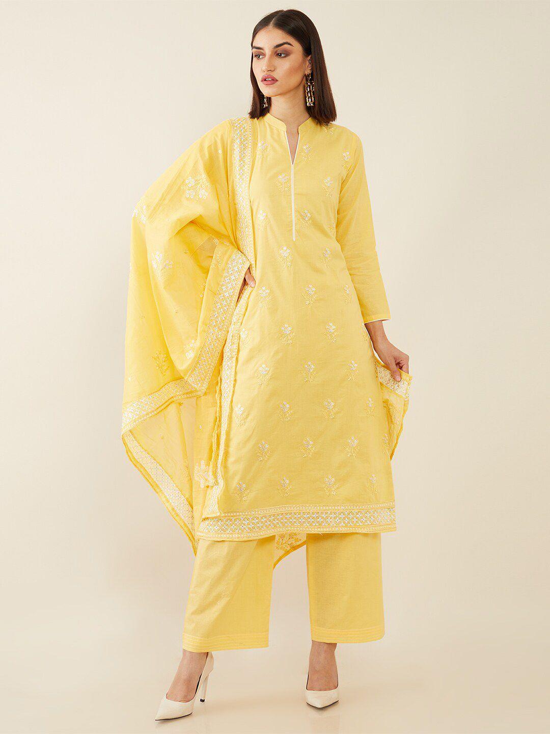 soch women yellow floral embroidered pure cotton unstitched dress material