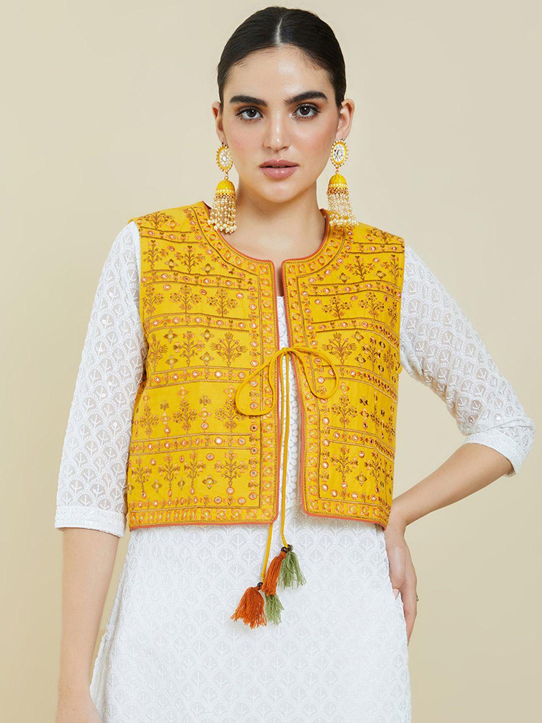 soch women yellow geometric crop open front jacket with embroidered