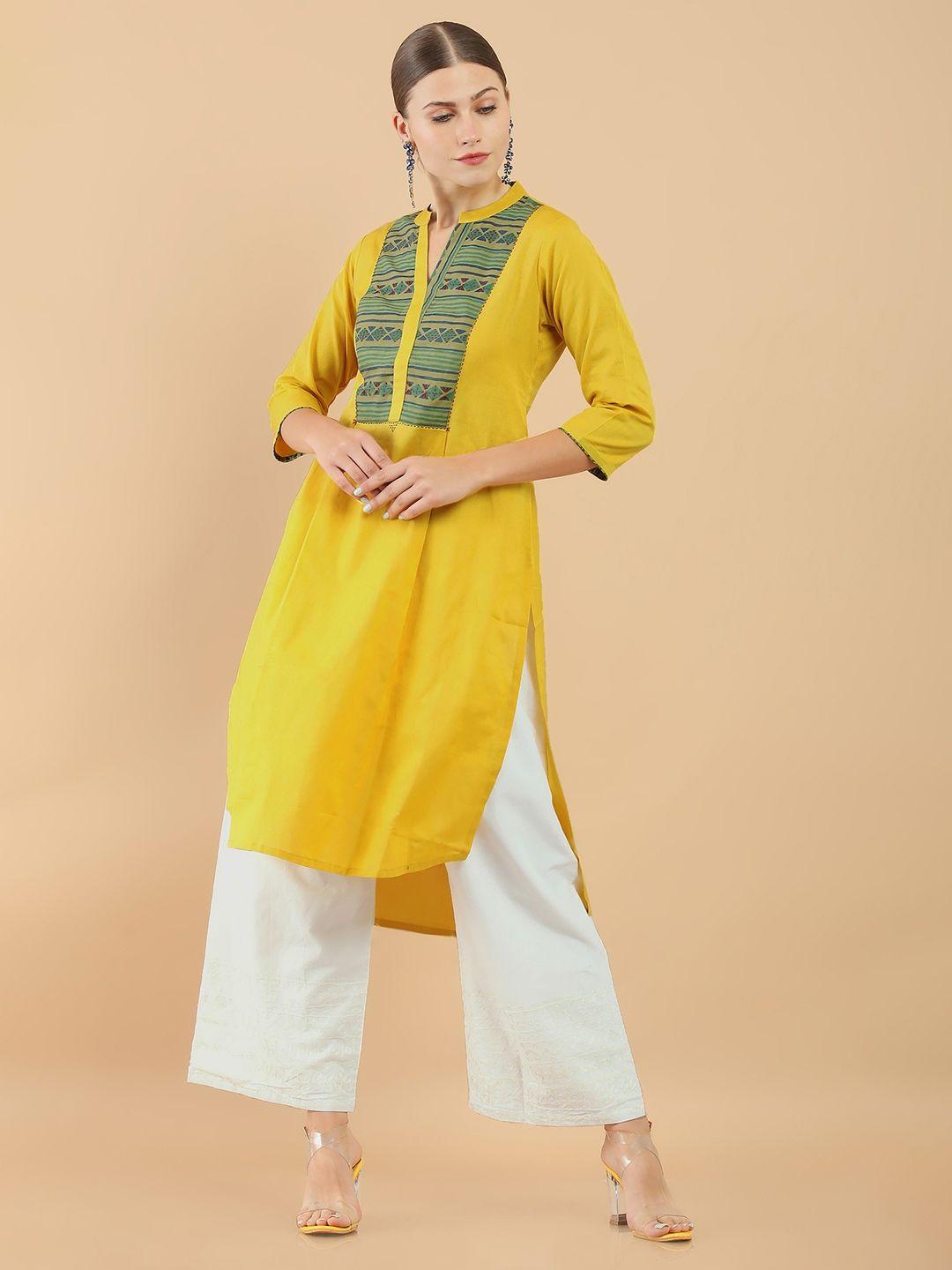 soch women yellow geometric yoke design cotton kurta