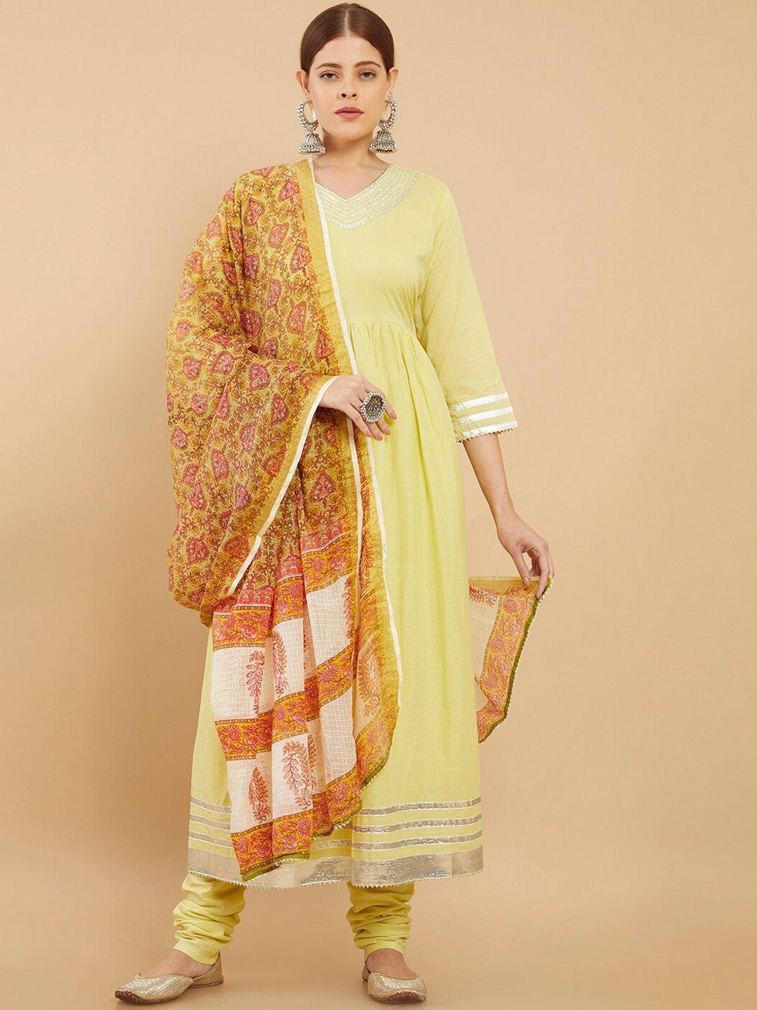 soch women yellow pure cotton kurta with churidar with dupatta