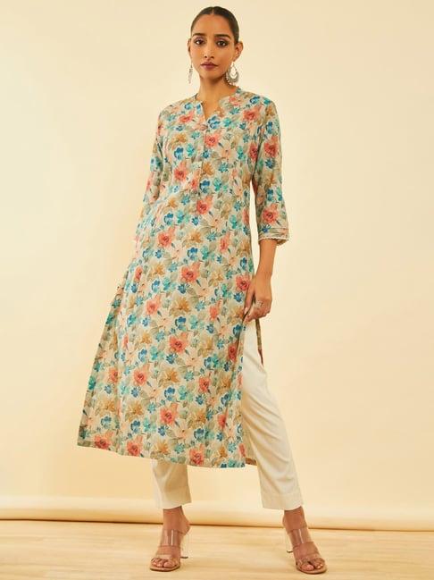 soch womens beige & green linen floral printed kurta with lace details