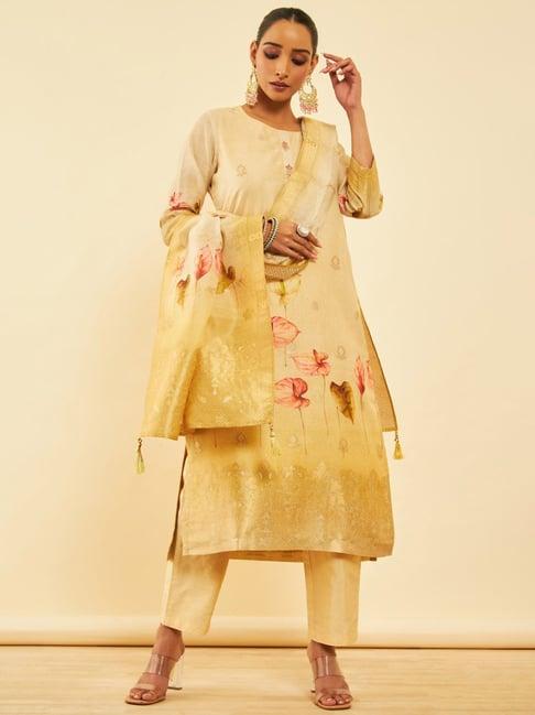 soch womens beige chanderi placement print suit set with cutdana details