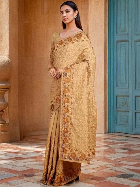 soch womens beige embroidered tussar saree with cut work