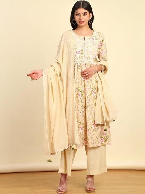 soch womens beige floral print cotton slub suit set with thread work