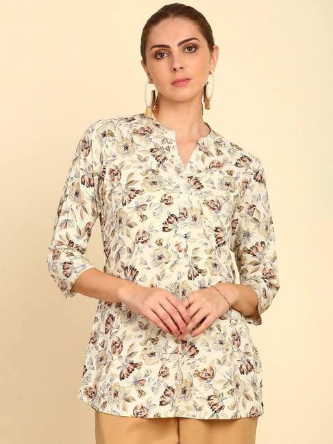 soch womens beige floral printed mandarin collar rayon tunic