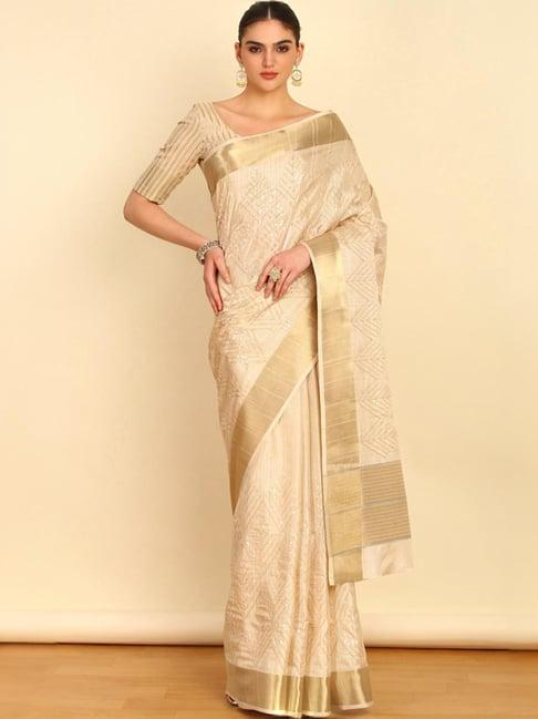 soch womens beige geometric sequinned tussar saree with zari