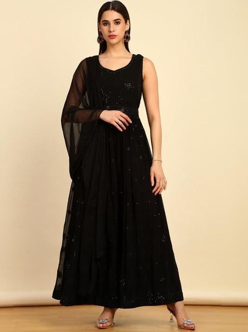 soch womens black embellished georgette jumpsuit with dupatta & belt