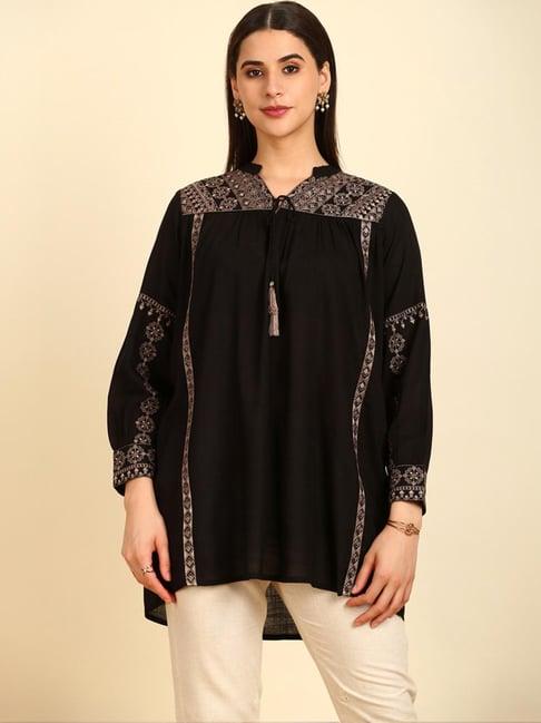 soch womens black embroidered mandarin collar rayon slub tunic