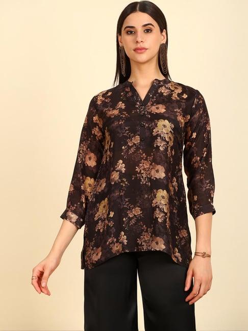 soch womens black floral print mandarin collar vicose muslin tunic