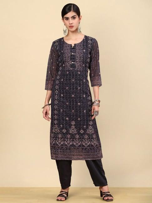soch womens black print with embroidery georgette kurta set with sequins