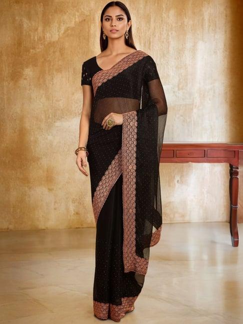 soch womens black stone embellished chiffon saree with stone work