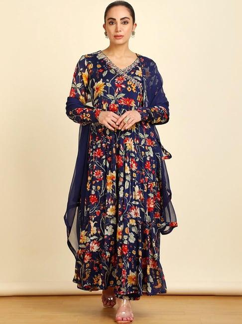 soch womens blue botanical print chinon angrakha suit set with dupatta