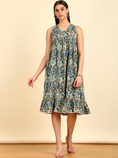 soch womens blue floral botanical print alia cut cotton ethnic dress