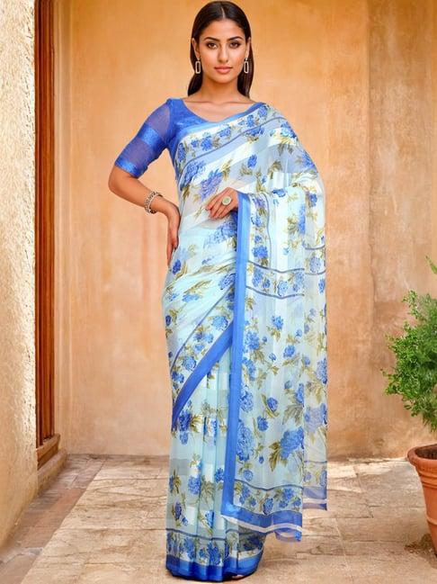 soch womens blue floral print chiffon saree