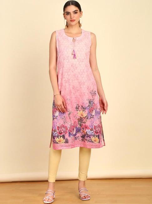 soch womens blush pink chikankari inspired embroidered kurta with tie-ups