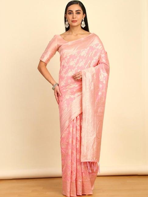 soch womens blush pink floral woven design jacquard weave tussar saree