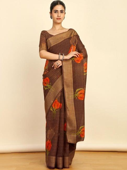 soch womens brown linen floral print saree