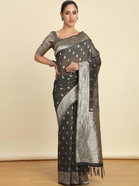 soch womens charcoal ethnic motifs woven design tussar saree