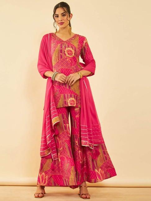 soch womens fuchsia muslin floral printed suit set with sequinned work