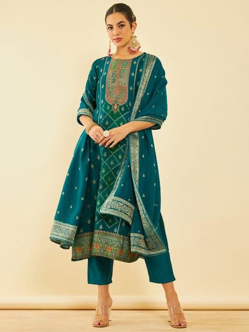 soch womens green brocade kantha print suit set with cutdana work