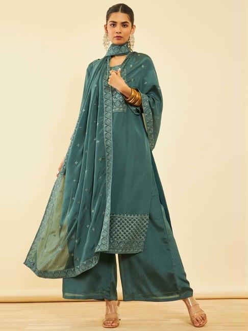 soch womens green chinon embroidered suit set with sequins