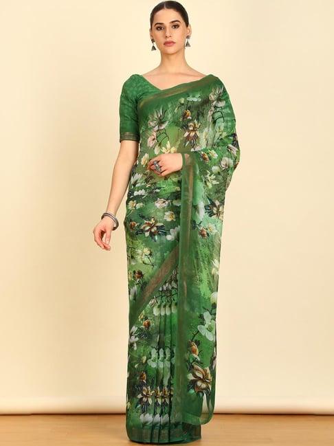 soch womens green floral print georgette saree