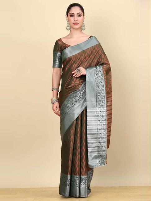 soch womens green geometric woven design jacquard weave art silk saree